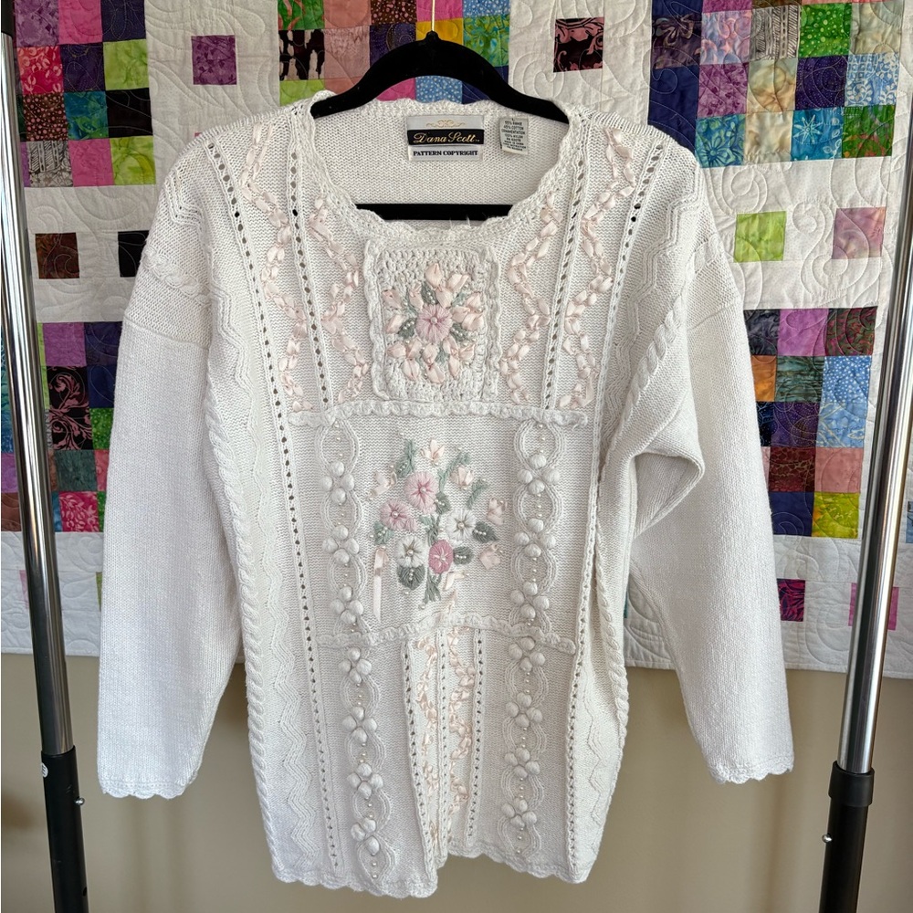 Vintage Dana Scott Knit Sweater with Bows and Pearls